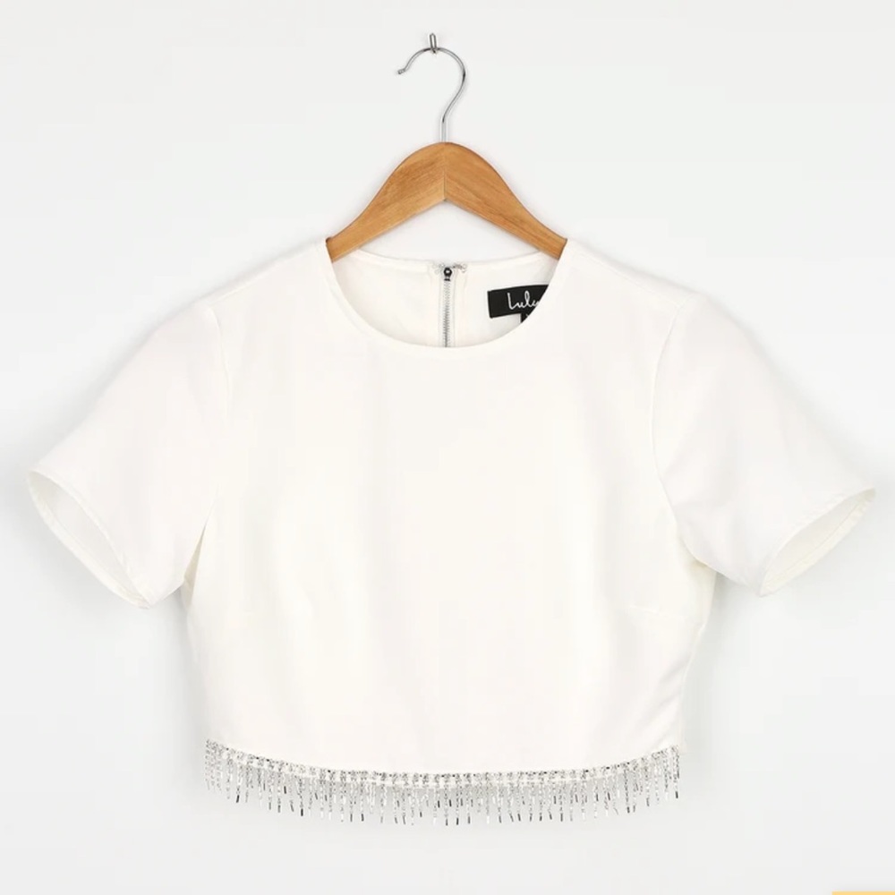 NWT Lulus Sparkle Hour Short Sleeve Rhinestone Fringe Crop  Top